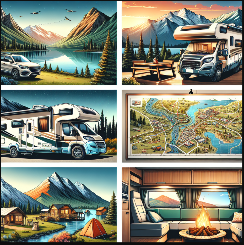 Include visualizations of stunning mountains, serene lakes, vibrant marketplaces, and cozy campfire scenes with the motorhome parked nearby. Also, depict a detailed map marked with an interesting travel route including diverse landmarks and picturesque stops, indicating a captivating journey for almost no cost. The motorhome interestingly realistic with well furnished interior showing a compact kitchen, comfortable sleeping arrangement, and a small leisure area