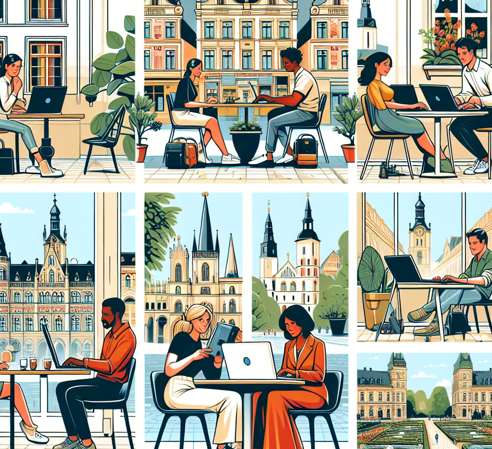 person working on their laptop in cafes, public gardens, or historical sites